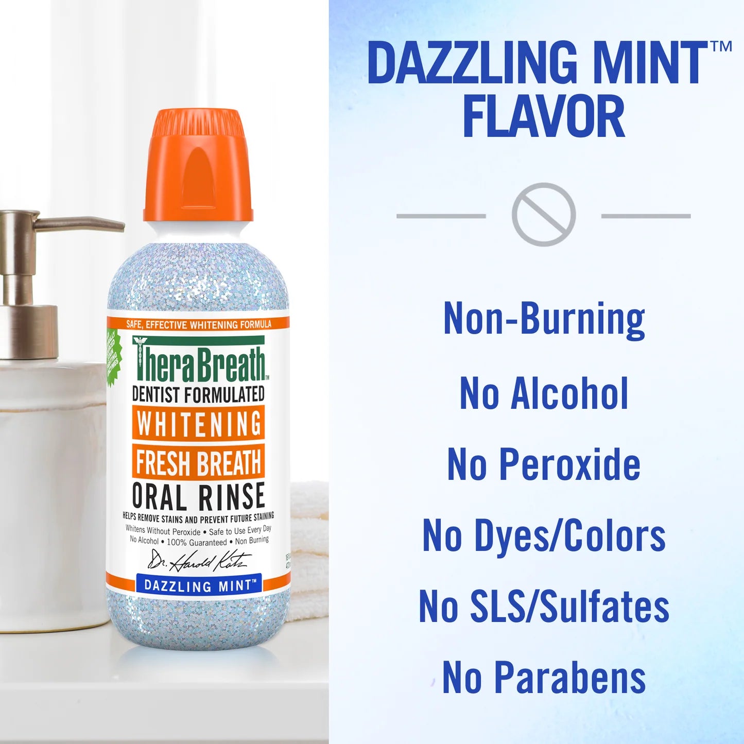 TheraBreath oral rinse bottle with product features listed on a white background