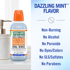 TheraBreath oral rinse bottle with product features listed on a white background