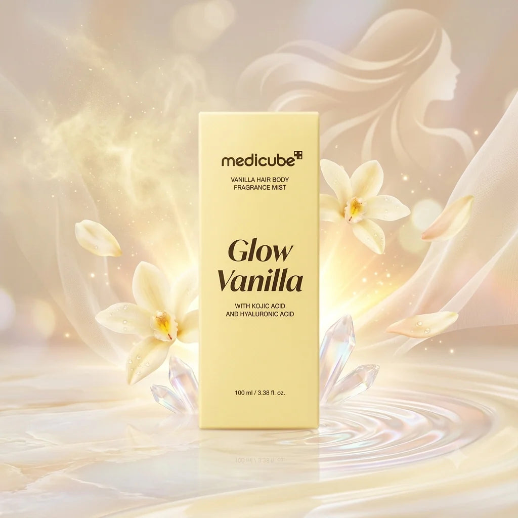 Medicube Glow Vanilla bottle and carton in a floral setting.