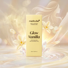 Medicube Glow Vanilla bottle and carton in a floral setting.