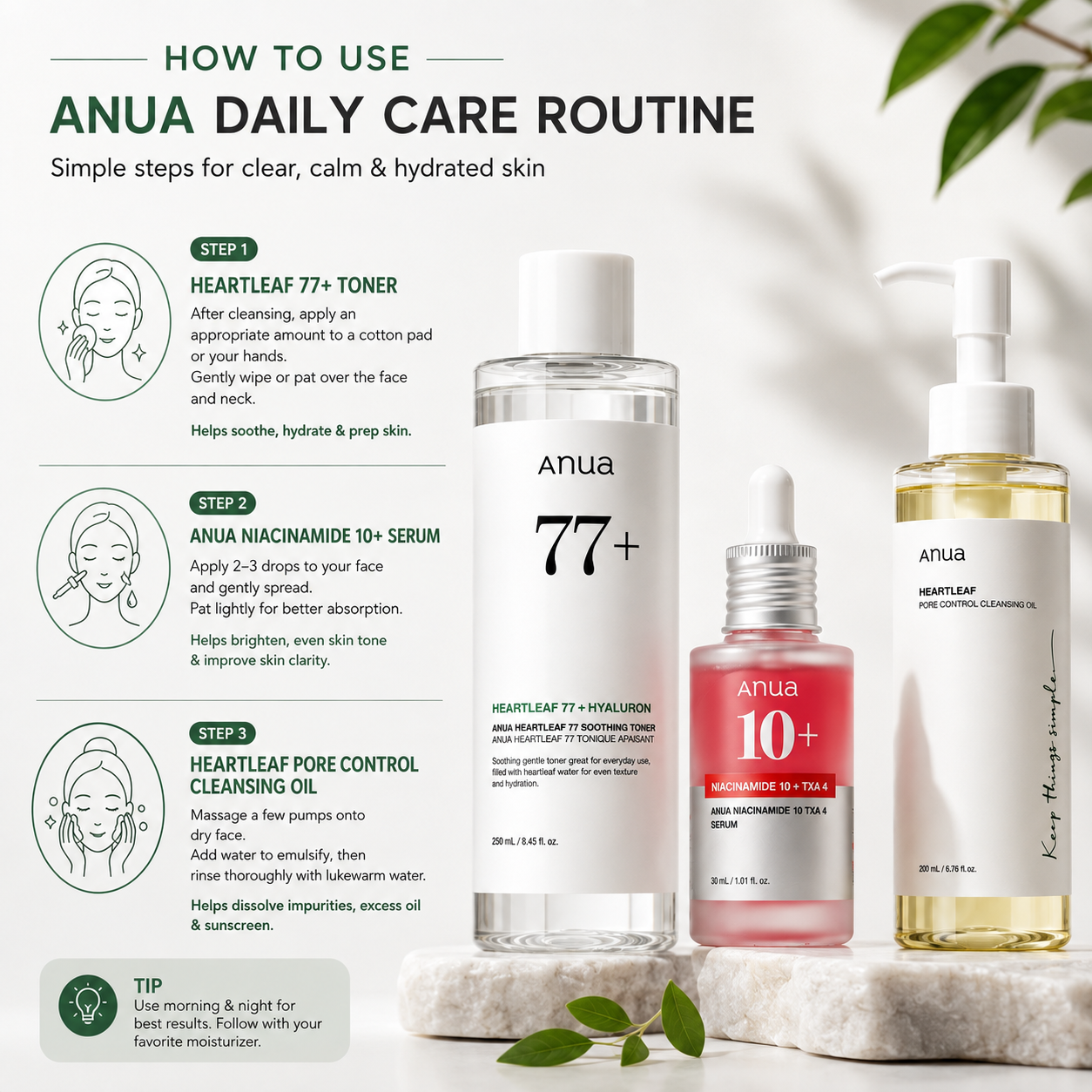 Anua Daily Care Routine skincare set displayed on a marble surface with illustrated step-by-step application instructions. The set includes Heartleaf 77+ Toner, Anua Niacinamide 10+ Serum in a pink bottle, and Heartleaf Pore Control Cleansing Oil in a clear bottle with yellow oil.