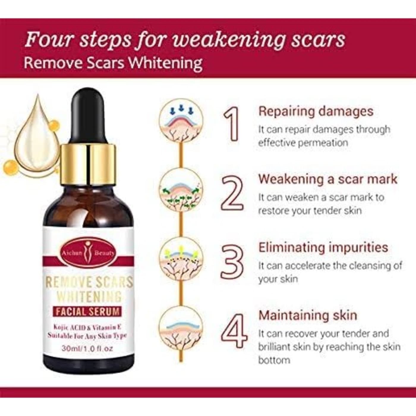 Aichun Beauty Remove Scars Whitening Facial Serum Kojic Acid & Vitamin E - 30ml Aichun Beauty