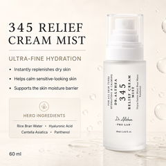 Dr. Alkara 345 Relief Cream Mist bottle on a light beige background with water droplets, alongside product text highlighting ultra-fine hydration and hero ingredients.