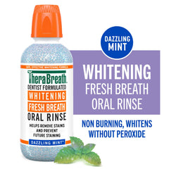 TheraBreath Whitening Fresh Breath Oral Rinse bottle with mint leaf on a white background