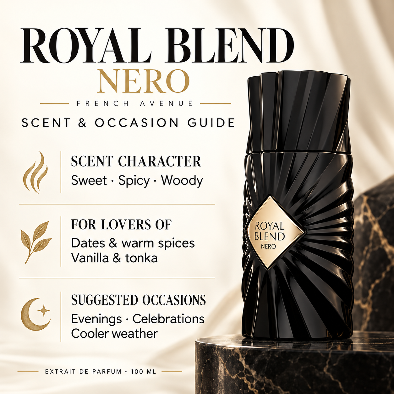 French Avenue Royal Blend Nero 100 ml: Scent and occasion guide highlighting dates, warm spices, vanilla and tonka