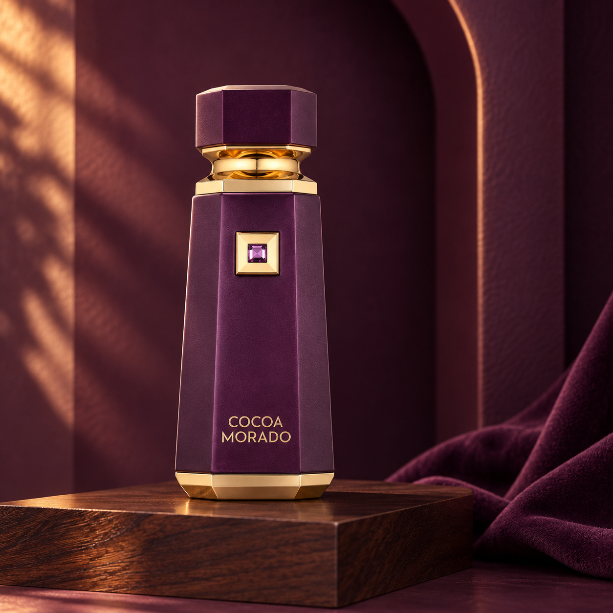 French Avenue Cocoa Morado 100 ml: Purple and gold bottle on a dark wooden display with purple fabric behind it