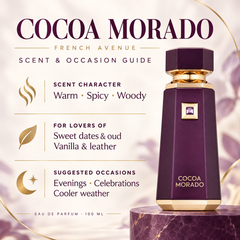 French Avenue Cocoa Morado 100 ml: Scent and occasion guide highlighting warm spices, dates, oud, vanilla and leather