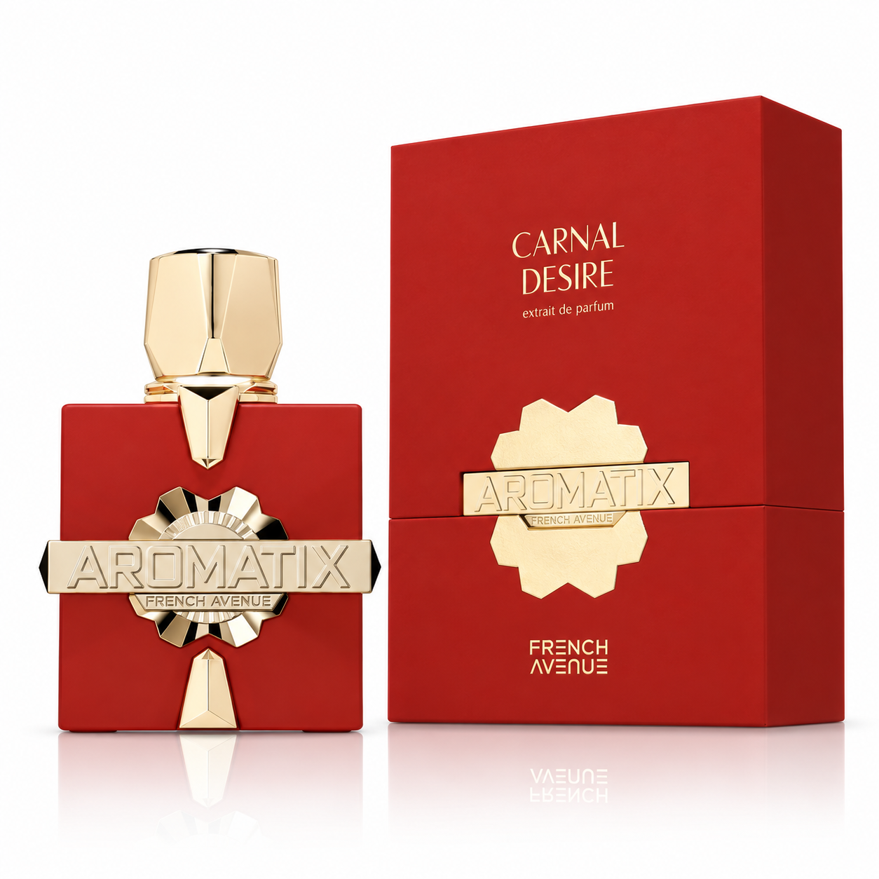 French Avenue Aromatix Carnal Desire 100 ml: Red bottle with a gold cap and gold Aromatix plaque beside its box on a white background