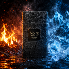 A dark textured rectangular product box labeled 'Noiré ABSOLU Aromat Proust' stands centered between fiery orange flames on the left and icy blue crystals on the right, with steam and reflective water around the base.