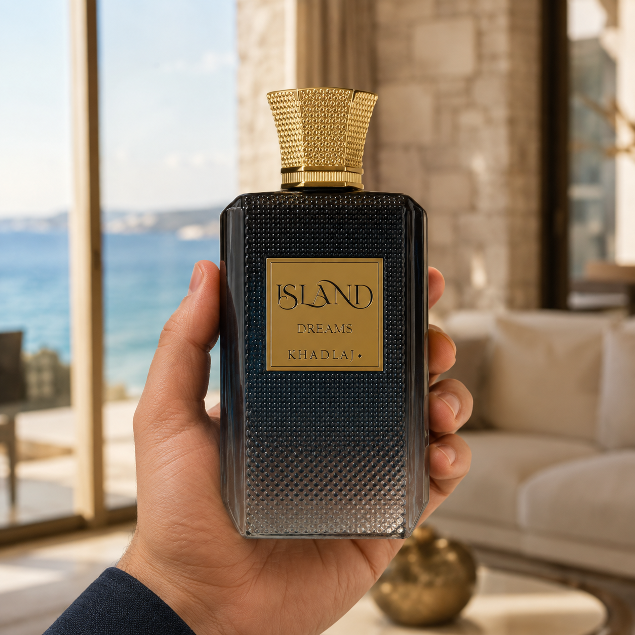 A hand holds a rectangular perfume bottle labeled ISLAND DREAMS KHADLAJ against a luxurious interior background with a sea view window and a white sofa.