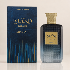 Extrait de Parfum 'Island Dreams' by Khadlaj, shown with its dark blue textured packaging box and matching rectangular perfume bottle featuring a gold cap and gold label.