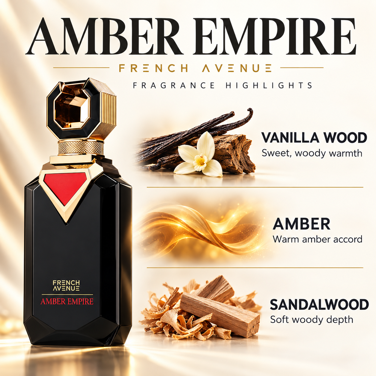 French Avenue Amber Empire 100 ml: Fragrance highlights graphic showing vanilla, amber and sandalwood