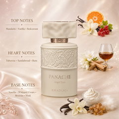 Panache Angel Dust perfume bottle by Khadlaj, styled on a warm beige satin background with fragrance notes text on the left and scent ingredients like vanilla, orange, redcurrants, cinnamon, and whipped cream on the right.