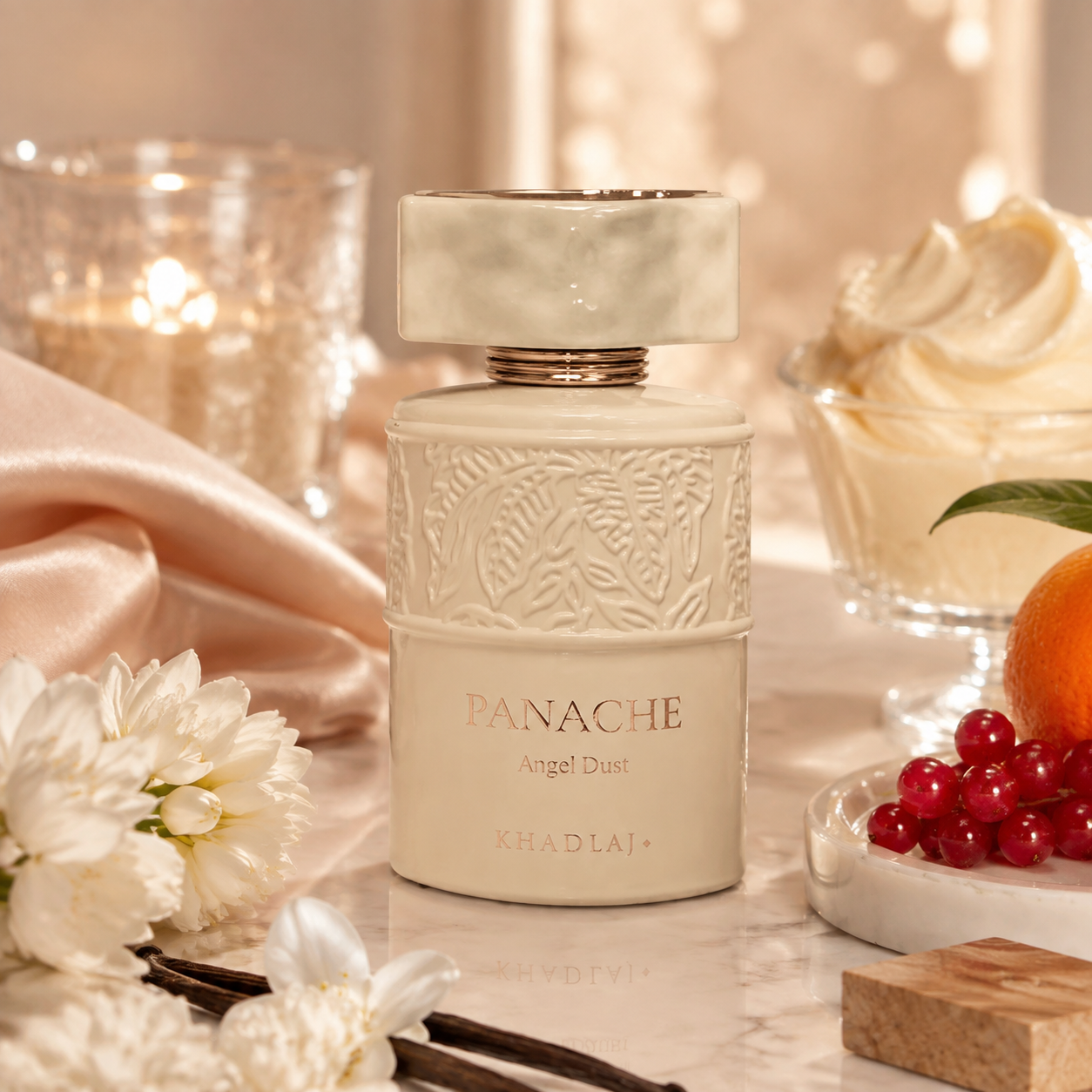 A frosted cream perfume bottle labeled 'PANACHE Angel Dust' by Khadlaj, styled on a marble surface with white flowers, vanilla beans, a lit candle, whipped cream, and red berries.