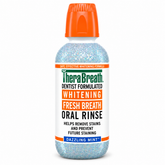 TheraBreath Fresh Breath Whitening Oral Rinse bottle in Dazzling Mint flavor, featuring a white bottle filled with blue glitter, an orange cap, and a white label with green and orange text.