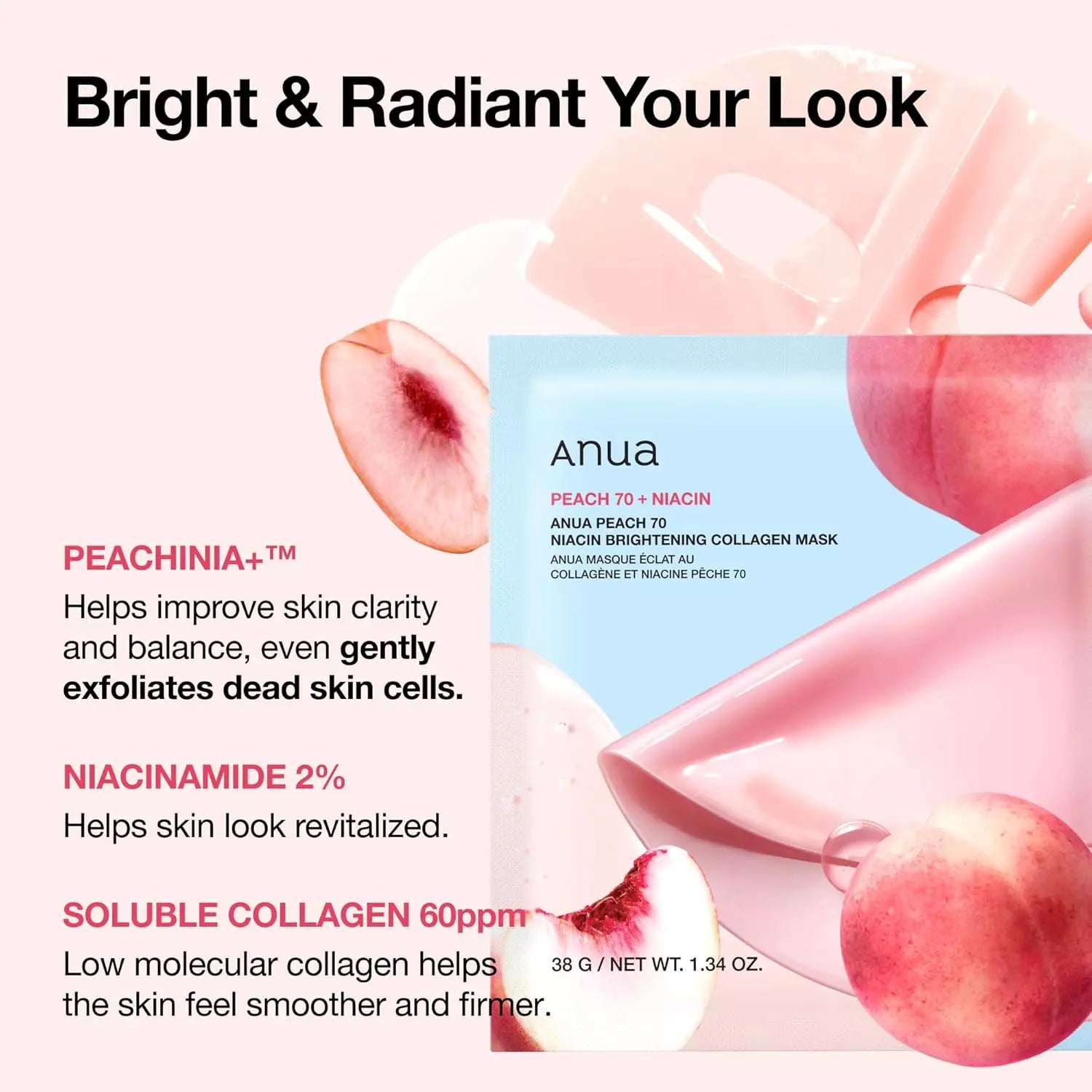Anua Peach 70+ Niacin Brightening Collagen Mask Box (4Pcs) Anua