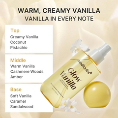 Medicube Glow Vanilla fragrance notes with perfume mist bottle.