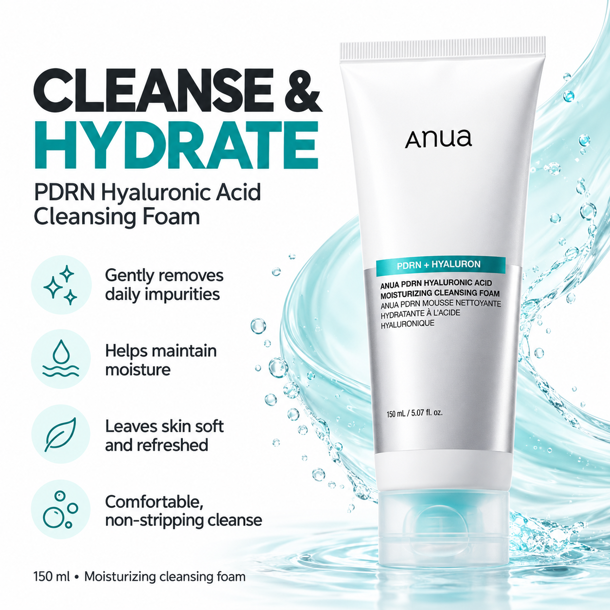 Anua PDRN Hyaluronic Acid Moisturizing Cleansing Foam - 150 ml Anua