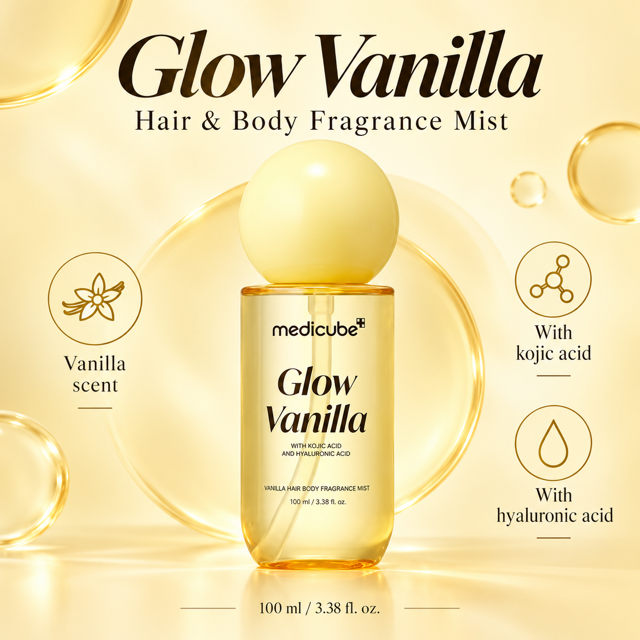 Medicube Glow Vanilla Hair and Body Mist scent profile graphic.