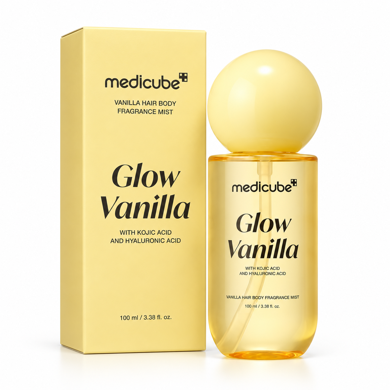 Medicube Glow Vanilla Hair and Body Fragrance Mist bottle and carton.