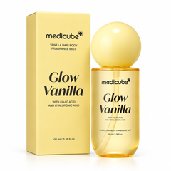 Medicube Glow Vanilla Hair and Body Fragrance Mist bottle and carton.