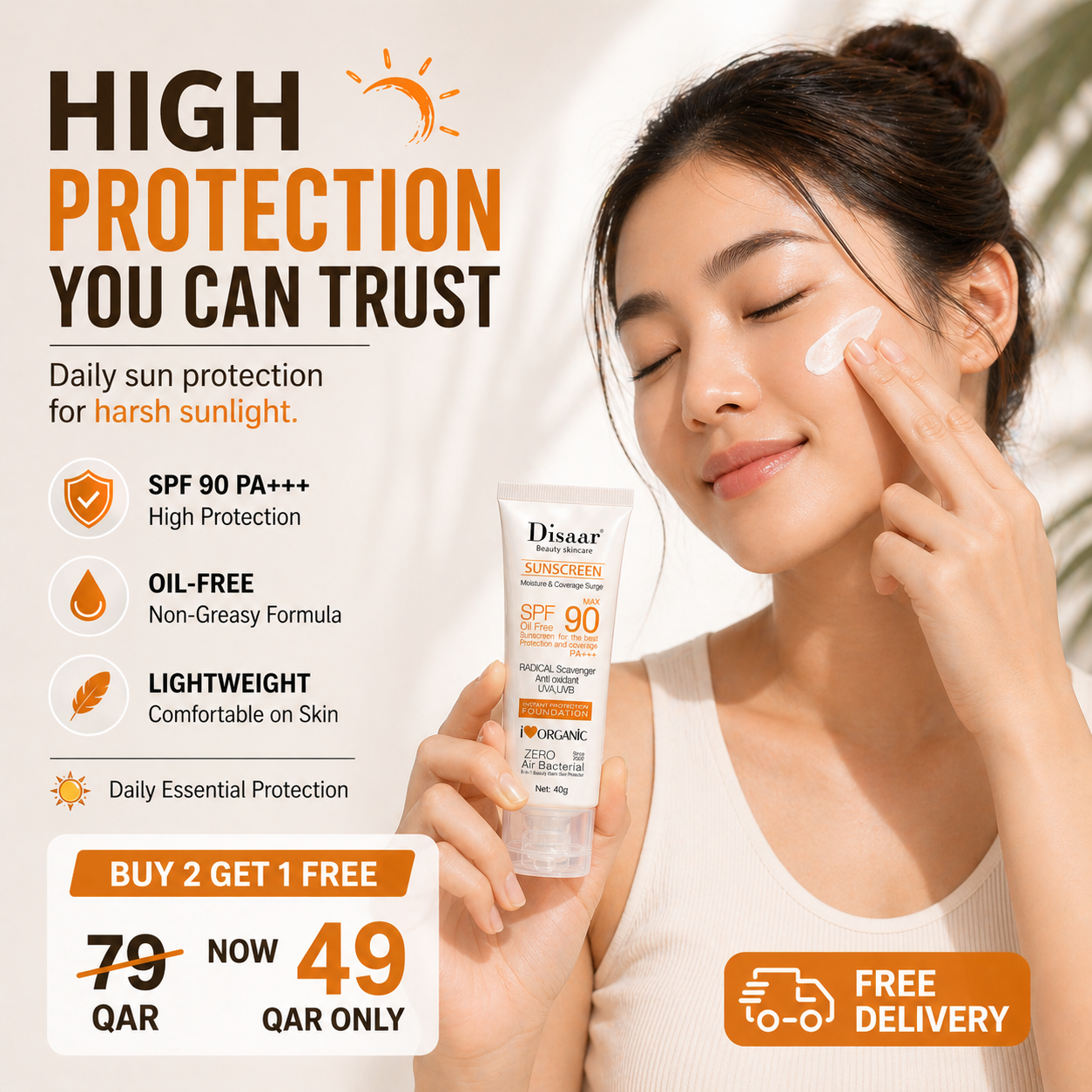 Disaar SPF 90 Sunscreen Oil-Free | Buy 2 Get 1 Free (3 PCS) | Lightweight Daily Sun Protection DISAAR