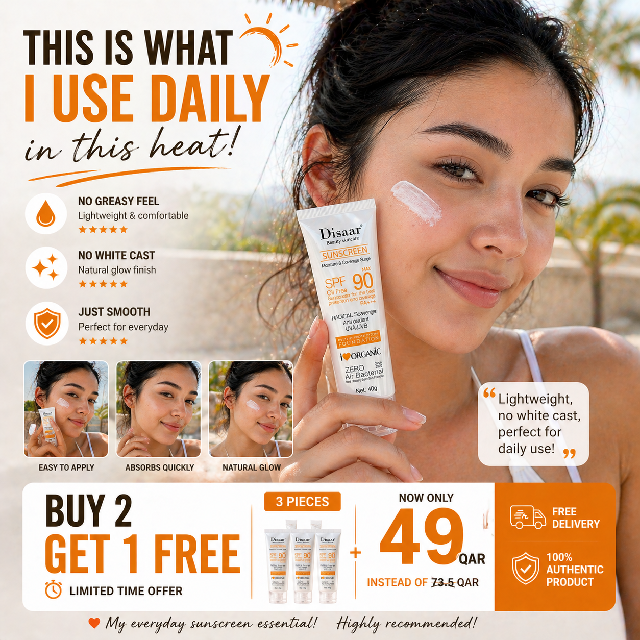 Disaar SPF 90 Sunscreen Oil-Free | Buy 2 Get 1 Free (3 PCS) | Lightweight Daily Sun Protection DISAAR