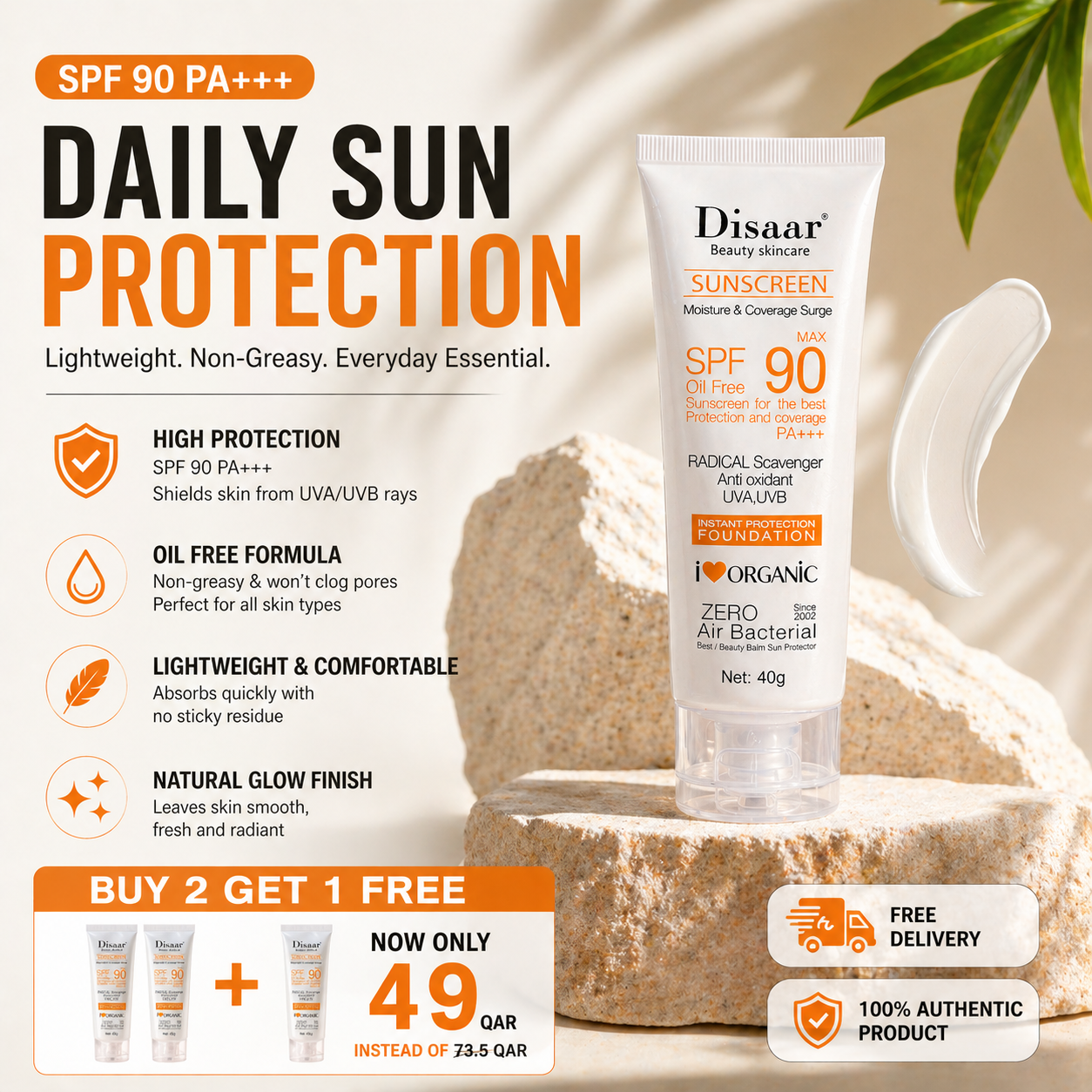 Disaar SPF 90 Sunscreen Oil-Free | Buy 2 Get 1 Free (3 PCS) | Lightweight Daily Sun Protection DISAAR