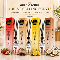 Gulf Orchid Reed Diffuser Bundle – 4 Best Selling Scents (Strawberry, Coffee Latte, Lemon & Coconut) – 110ml Each