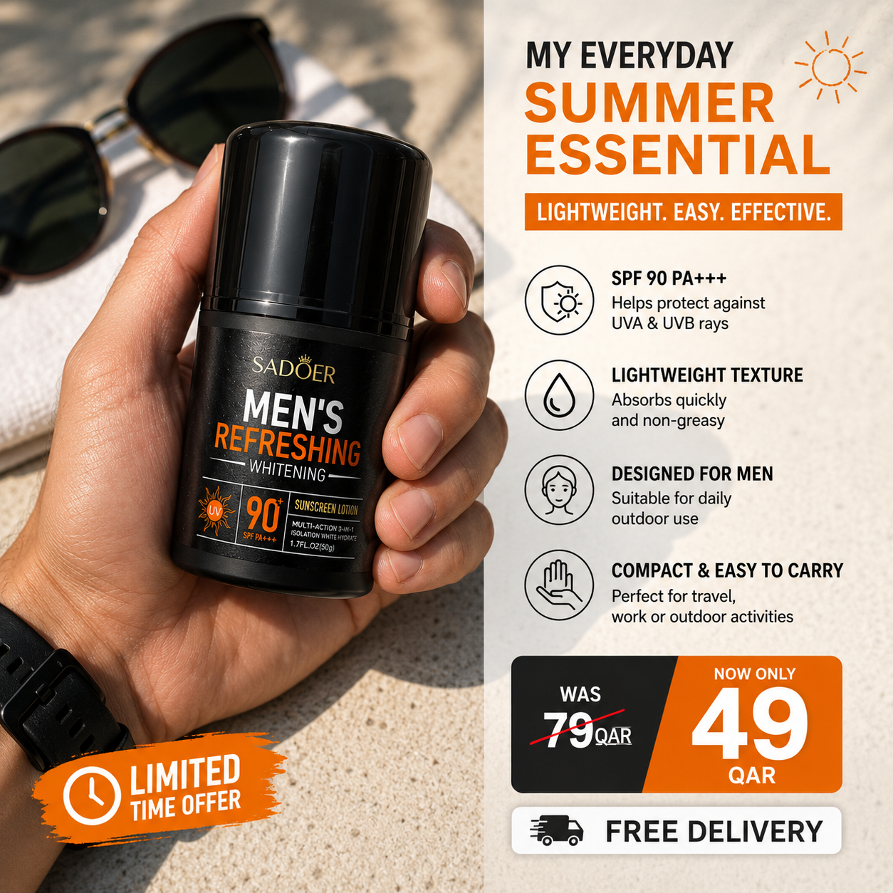 SADOER SPF 90+ Men's Refreshing Sunscreen Lotion 3 In 1 Long Lasting Isolation Whitening Cream For Men - 50g Sadoer