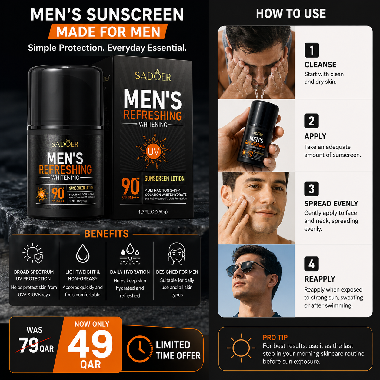 SADOER SPF 90+ Men's Refreshing Sunscreen Lotion 3 In 1 Long Lasting Isolation Whitening Cream For Men - 50g Sadoer