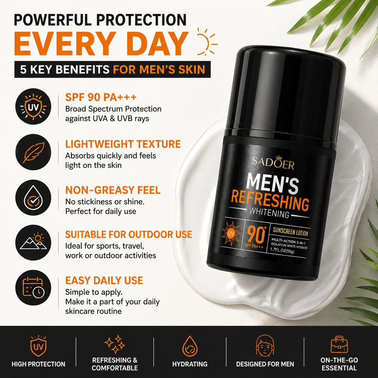 SADOER SPF 90+ Men's Refreshing Sunscreen Lotion 3 In 1 Long Lasting Isolation Whitening Cream For Men - 50g Sadoer