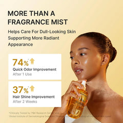 Medicube Glow Vanilla fragrance mist product benefits graphic.