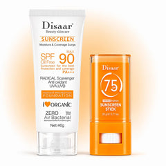 Disaar Sunscreen Duo Set – SPF 90 Sunscreen Cream + SPF 75 Tinted Brighten Sunscreen Stick DISAAR