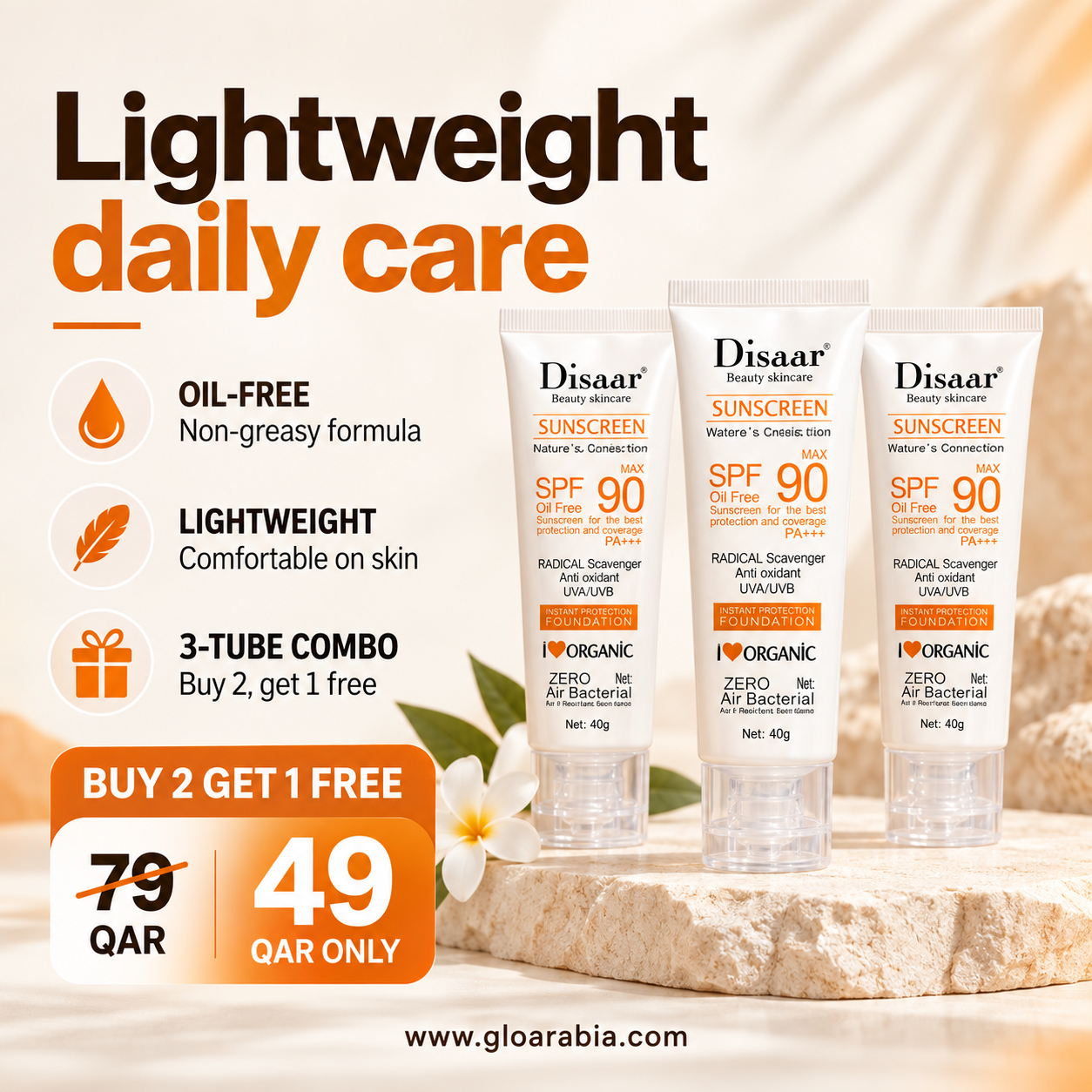 Disaar SPF 90 Sunscreen Oil-Free | Buy 2 Get 1 Free (3 PCS) | Lightweight Daily Sun Protection Disaar