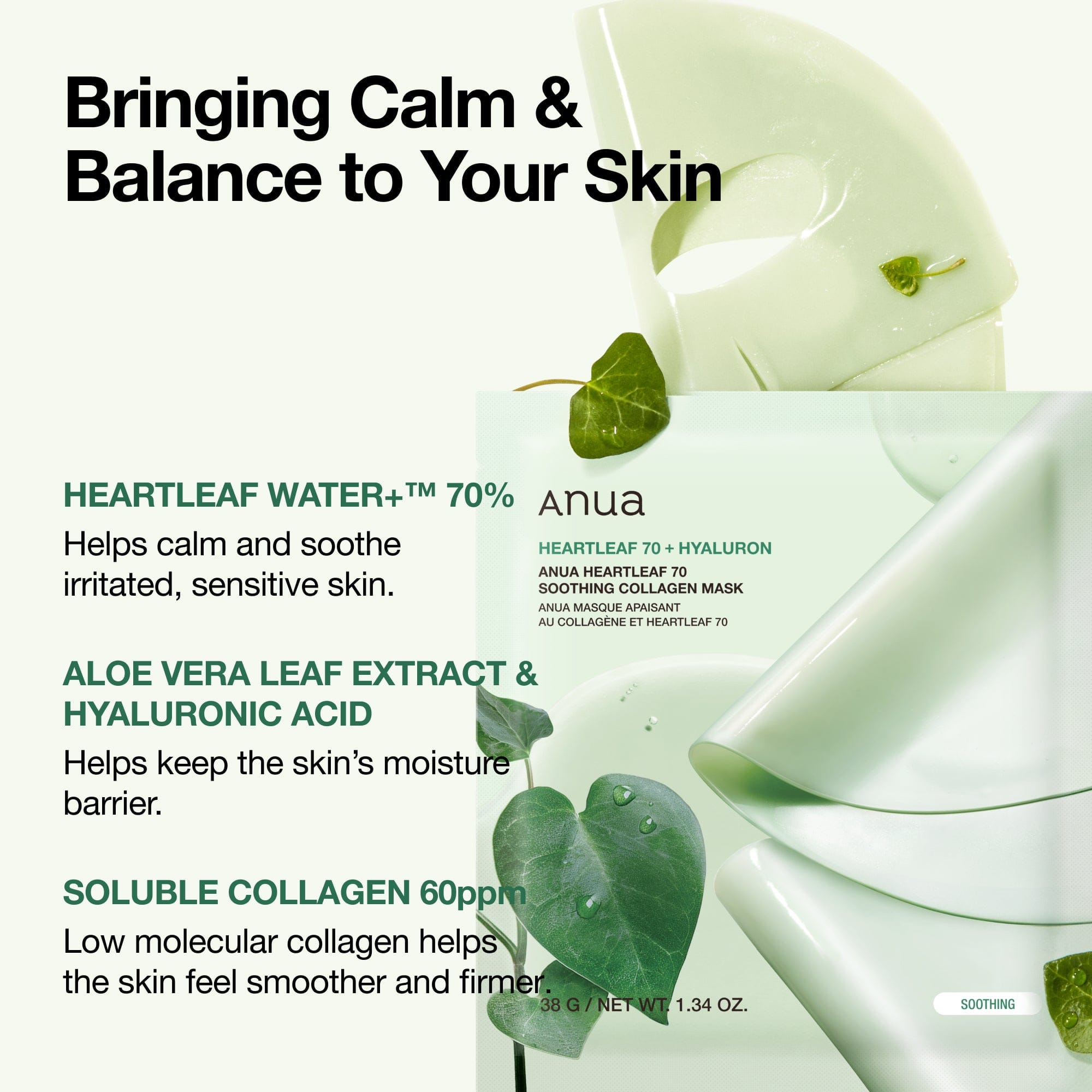Anua Heartleaf 70 + Hyaluron Soothing Collagen Mask Box (4Pcs) Anua