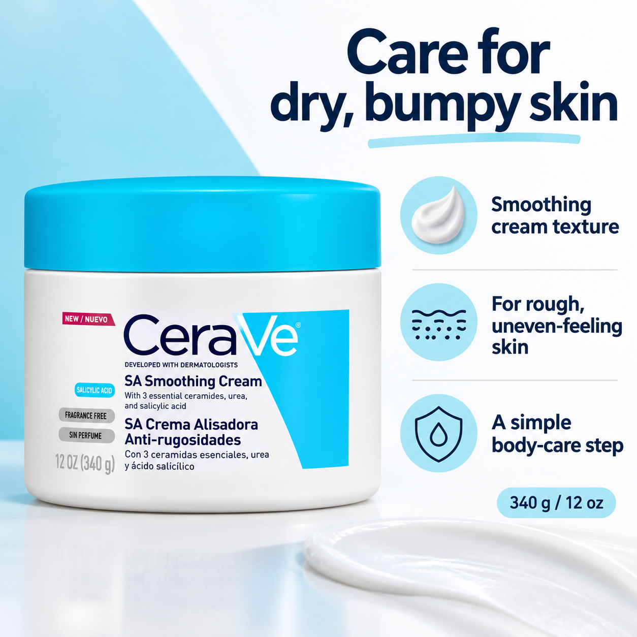 CeraVe Sa Cream For Rough And Bumpy Skin 340G - Salicylic Acid Smoothing Body Cream For Dry Textured Skin CeraVe