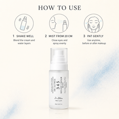 A bottle of Dr. Alhama 345 Relief Cream mist centered on a light cream background with a blue powder-splatter effect.