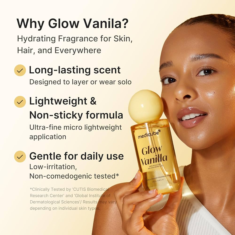 Medicube Glow Vanilla fragrance mist benefits graphic with model.