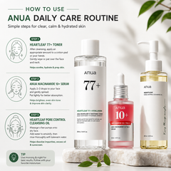 Anua Daily Care Routine skincare set displayed on a marble surface with illustrated step-by-step application instructions. The set includes Heartleaf 77+ Toner, Anua Niacinamide 10+ Serum in a pink bottle, and Heartleaf Pore Control Cleansing Oil in a clear bottle with yellow oil.