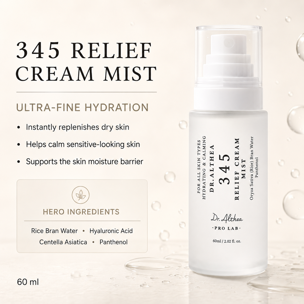 Dr. Alkara 345 Relief Cream Mist bottle on a light beige background with water droplets, alongside product text highlighting ultra-fine hydration and hero ingredients.