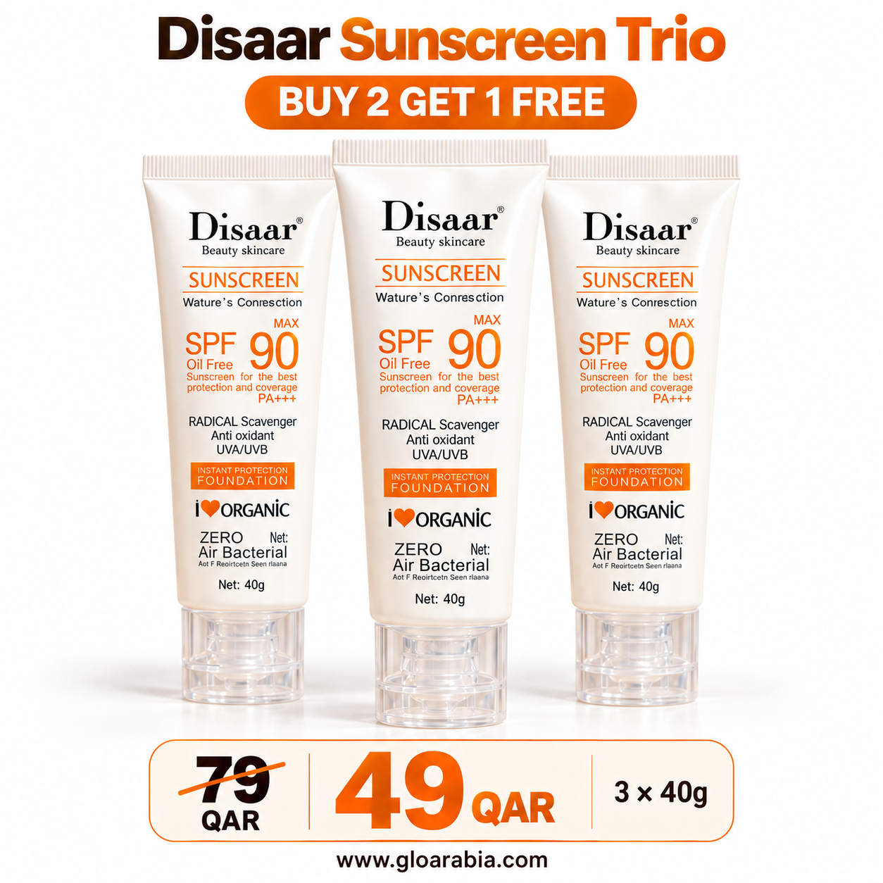 Disaar SPF 90 Sunscreen Oil-Free | Buy 2 Get 1 Free (3 PCS) | Lightweight Daily Sun Protection Disaar