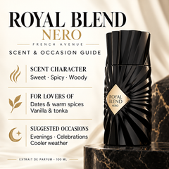 French Avenue Royal Blend Nero 100 ml: Scent and occasion guide highlighting dates, warm spices, vanilla and tonka