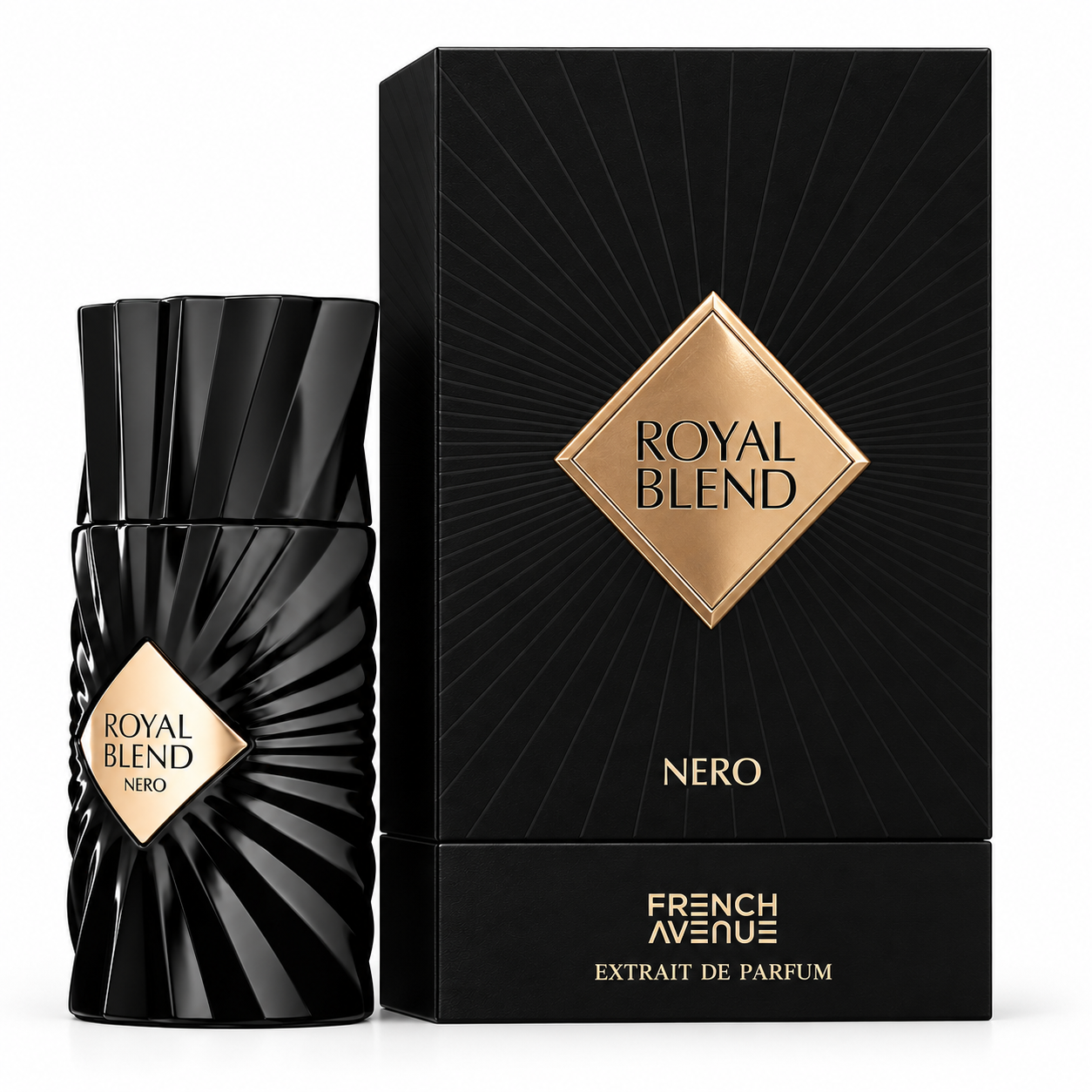 French Avenue Royal Blend Nero 100 ml: Black ridged bottle with a gold diamond label beside its box on a white background