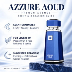 French Avenue Azzure Aoud 100 ml: Scent and occasion guide highlighting passionfruit, rose, oud and vanilla