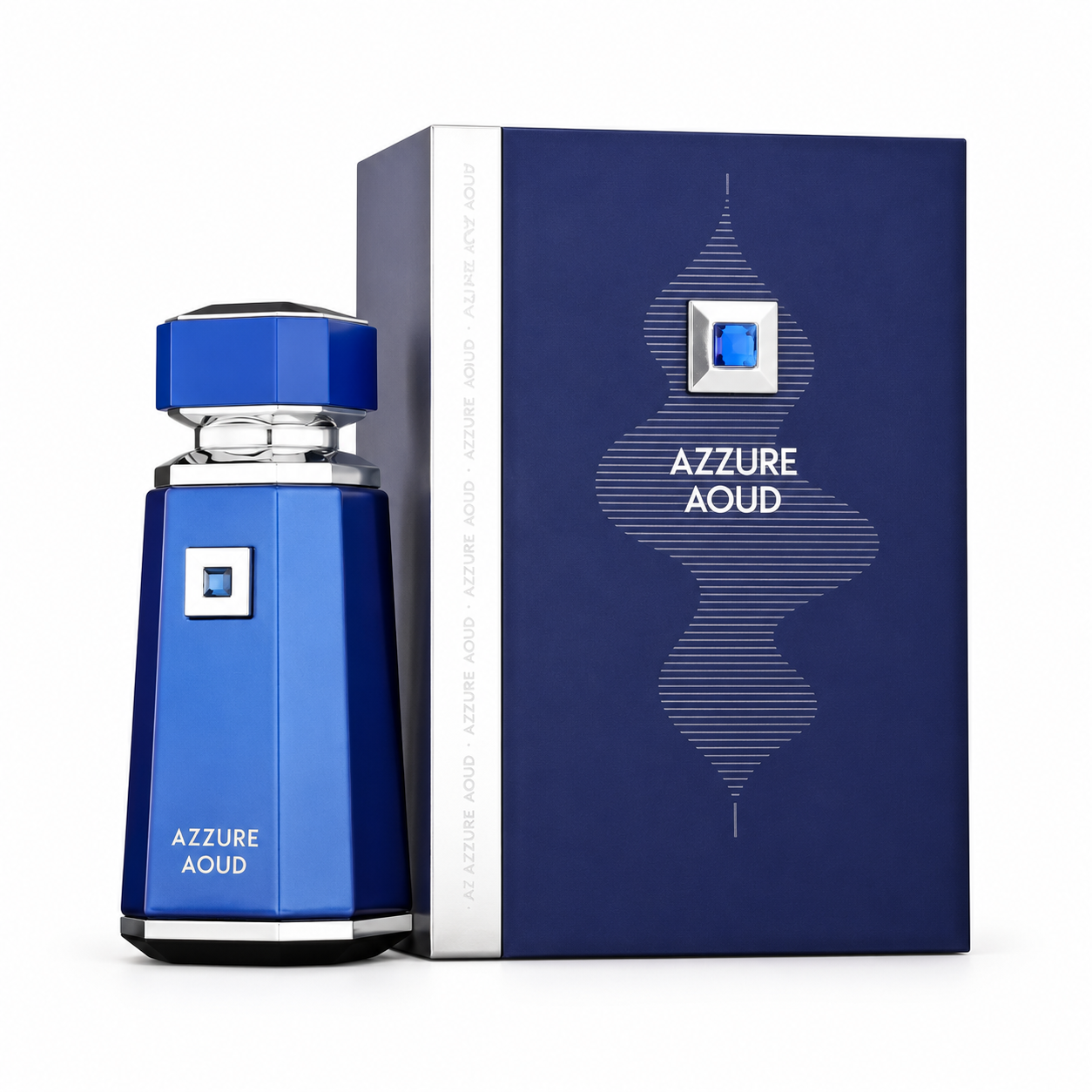 French Avenue Azzure Aoud 100 ml: Blue bottle with silver trim beside its matching box on a white background