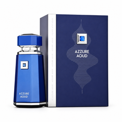 French Avenue Azzure Aoud 100 ml: Blue bottle with silver trim beside its matching box on a white background