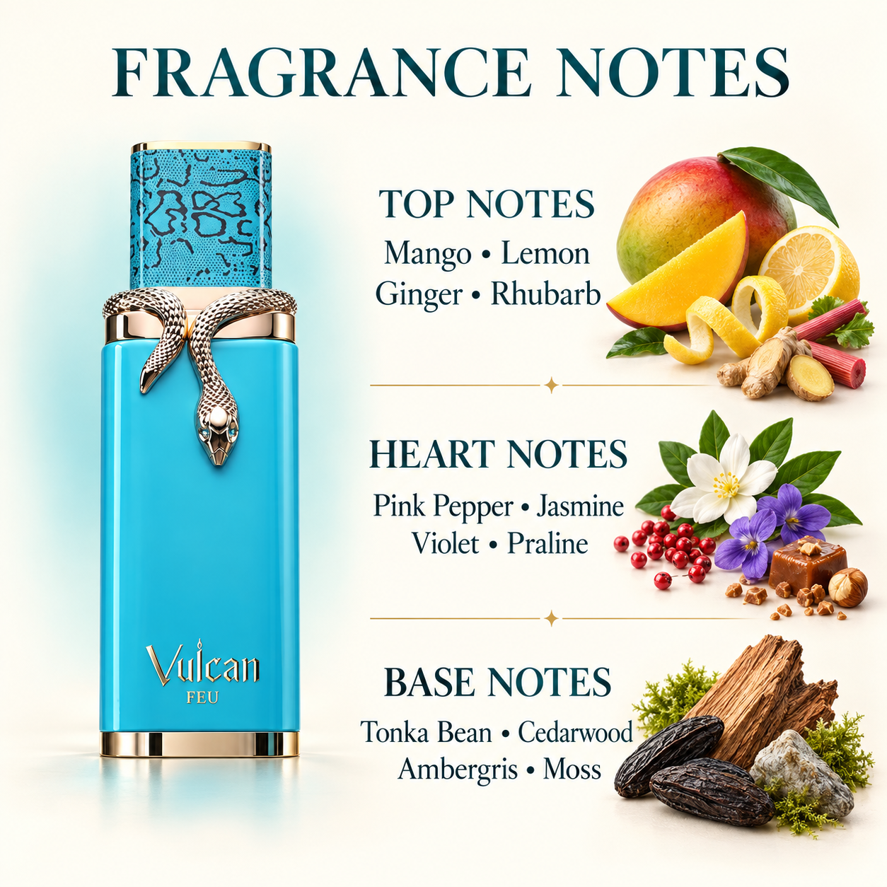 French Avenue Vulcan Feu 100 ml: Fragrance pyramid graphic showing mango, ginger, florals, praline and woody base notes