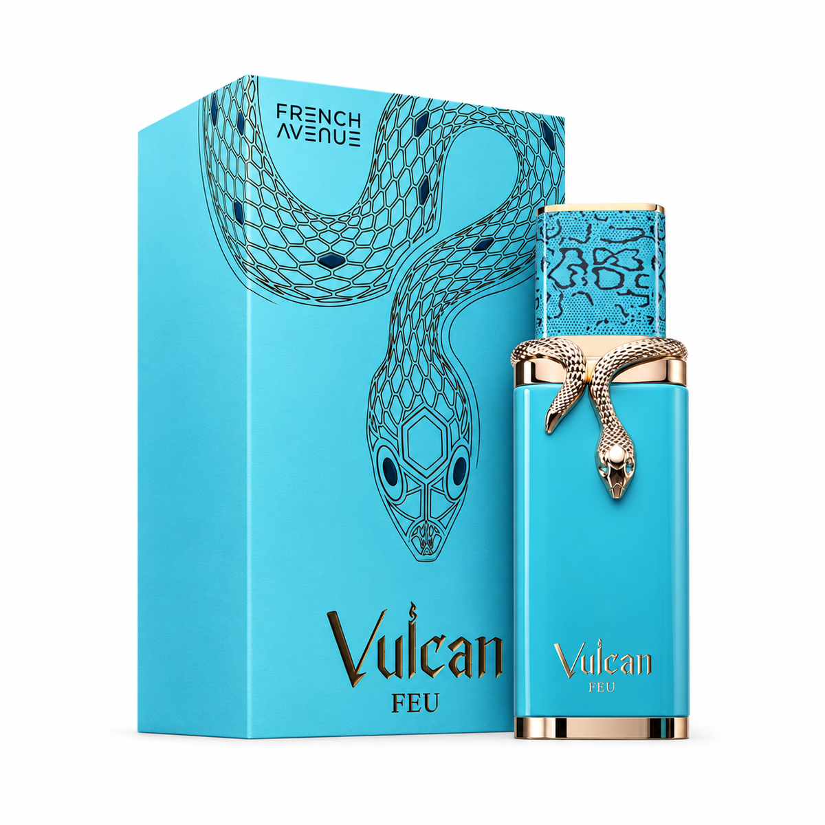 French Avenue Vulcan Feu 100 ml: Turquoise bottle and matching box with gold snake decoration on a white background