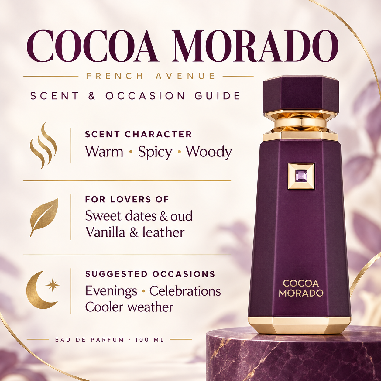 French Avenue Cocoa Morado 100 ml: Scent and occasion guide highlighting warm spices, dates, oud, vanilla and leather